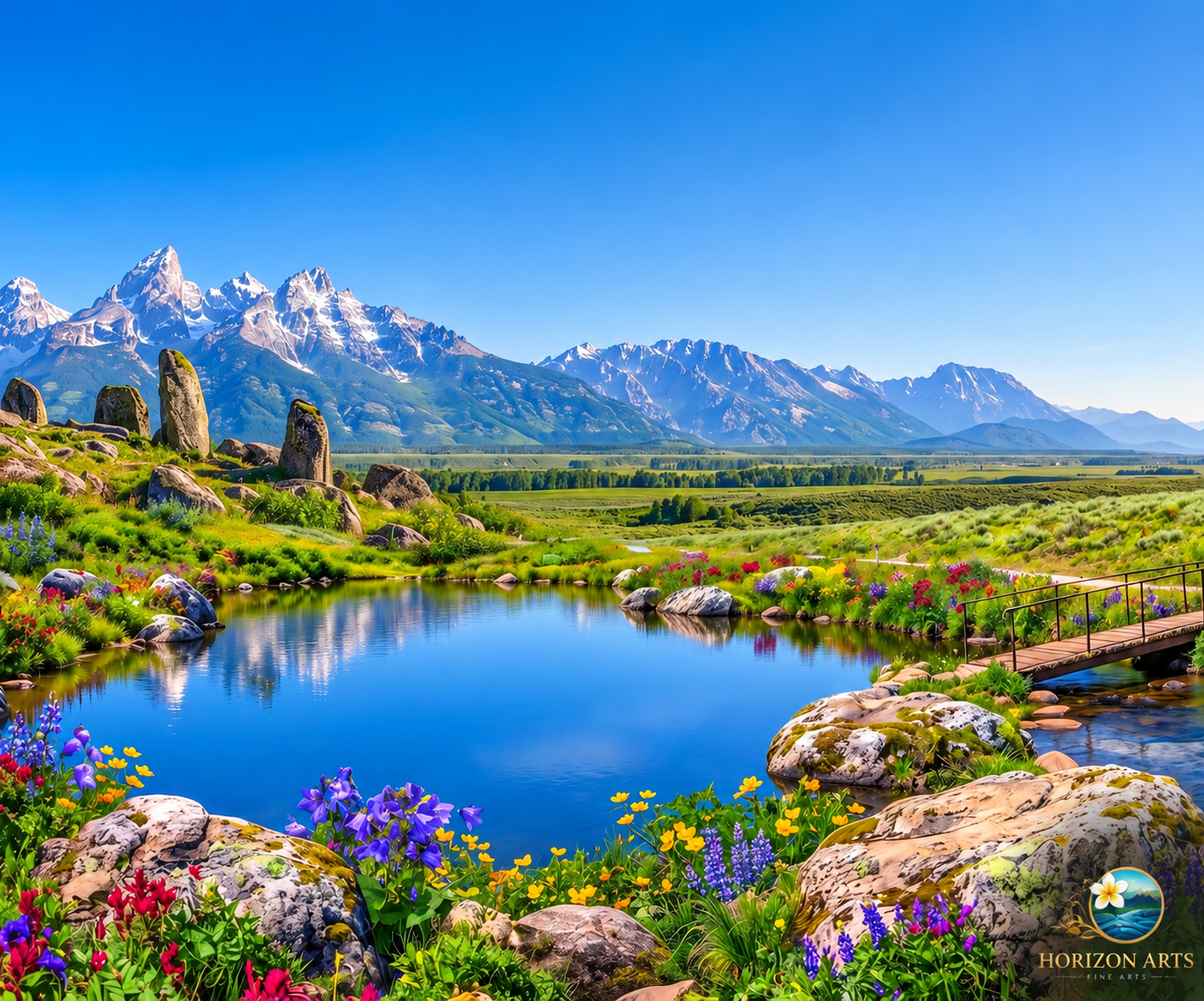 Vibrant mountain landscape with a reflective blue pond, wildflowers, boulders, and a footbridge beneath a clear sky
