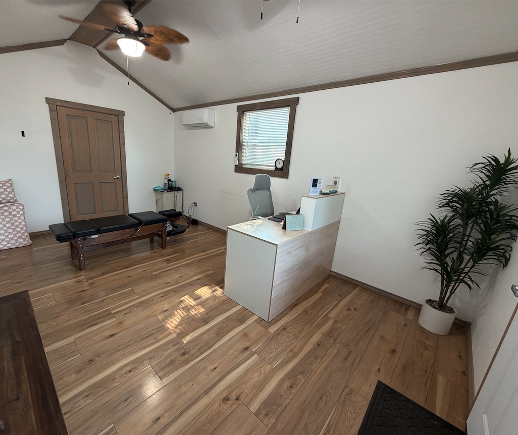 A small chiropractic office and reception area with a wooden desk, a gray office chair, a potted plant, a window with blinds, a ceiling fan, and hardwood floors.