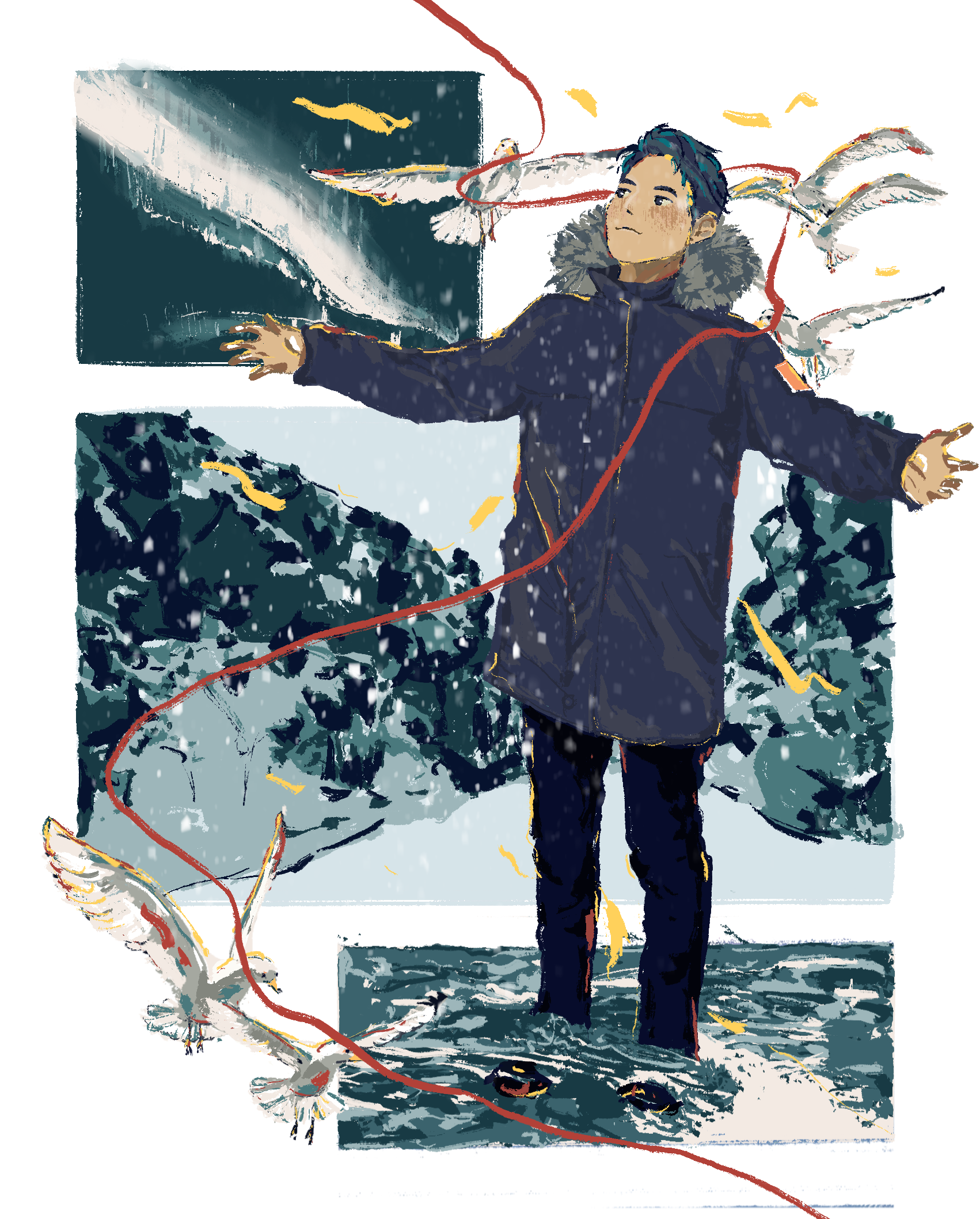 Illustration of a person in a fur-trimmed coat standing in falling snow with arms outstretched as seagulls fly around them.