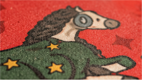 Vintage embroidered green coat with yellow stars and a horse-shaped patch on red fabric
