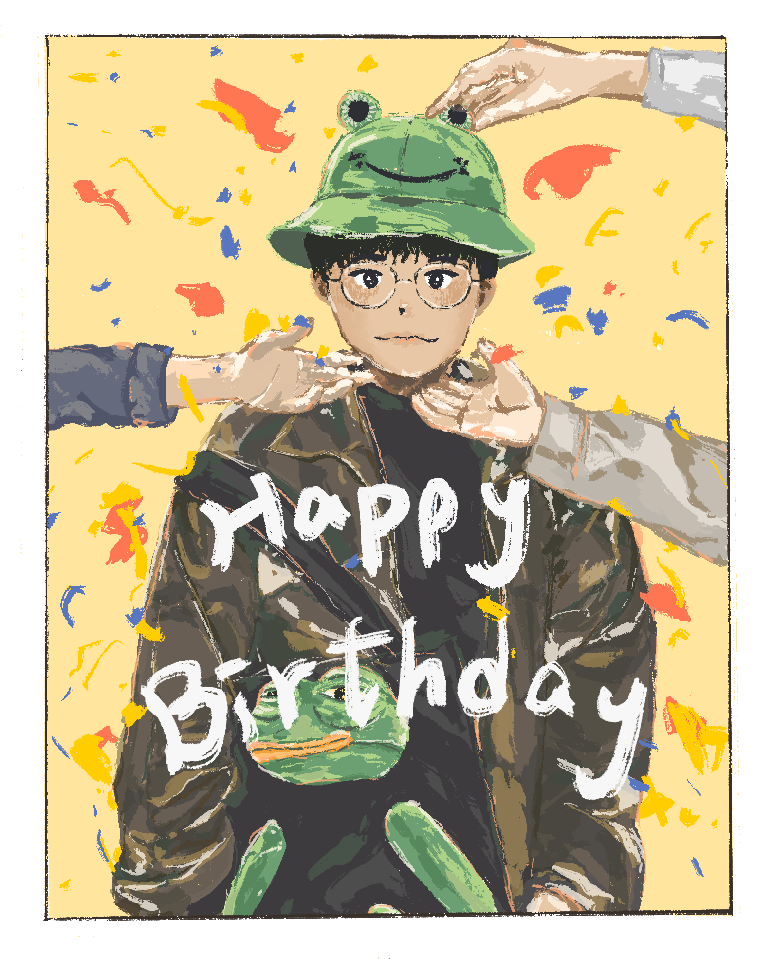 Illustration of a smiling child wearing glasses, a green frog hat, and a camouflage jacket while holding a frog plush toy, surrounded by colorful confetti and hands adjusting the hat.