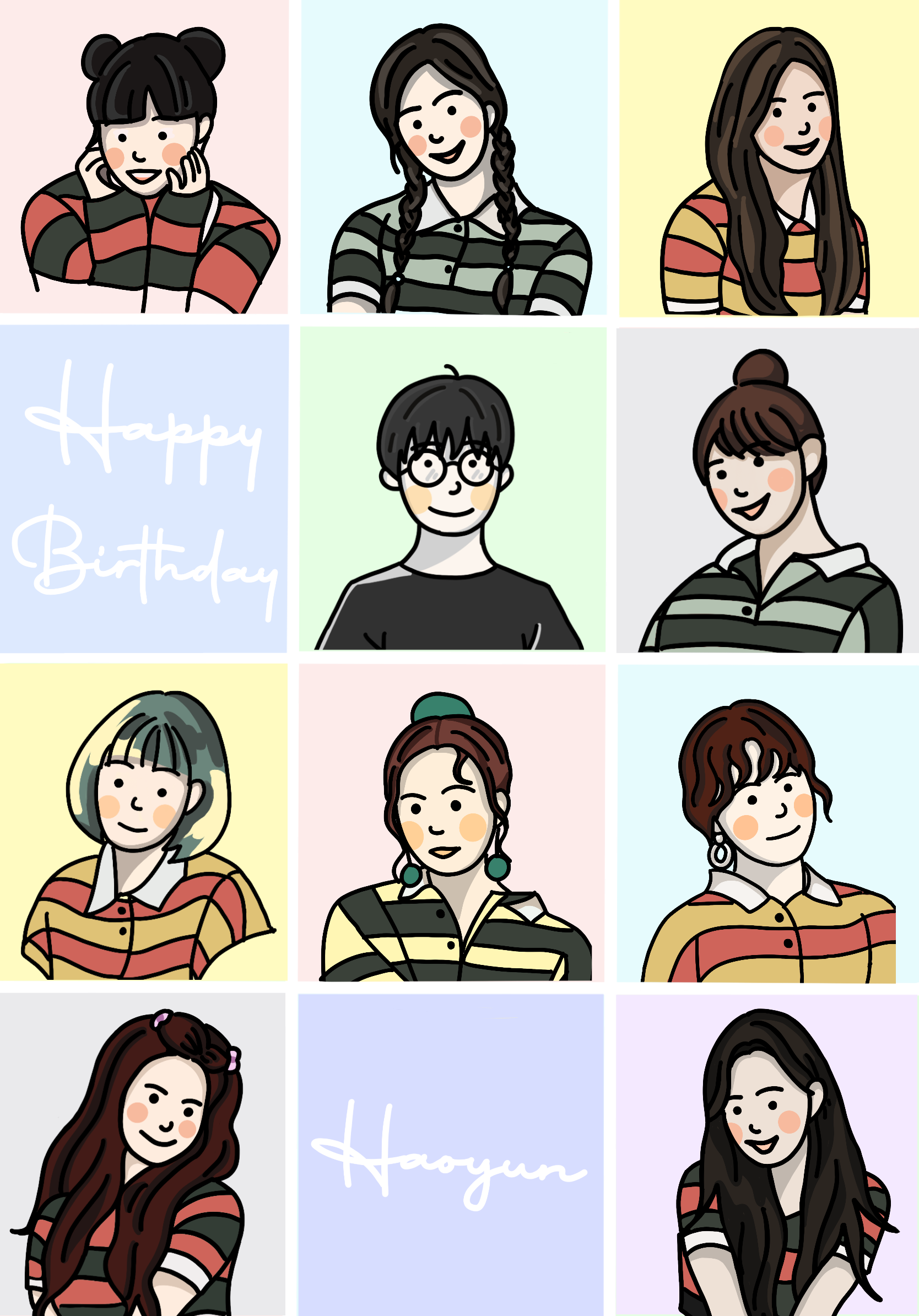 Colorful cartoon collage of diverse smiling people in striped shirts, with two panels reading “Happy Birthday.”