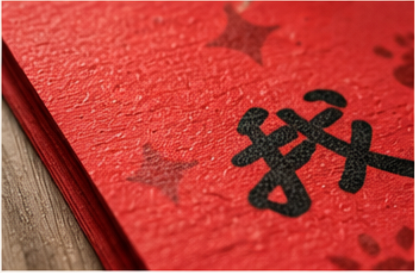 Close-up of a red Chinese wedding envelope with black calligraphy on a wooden surface