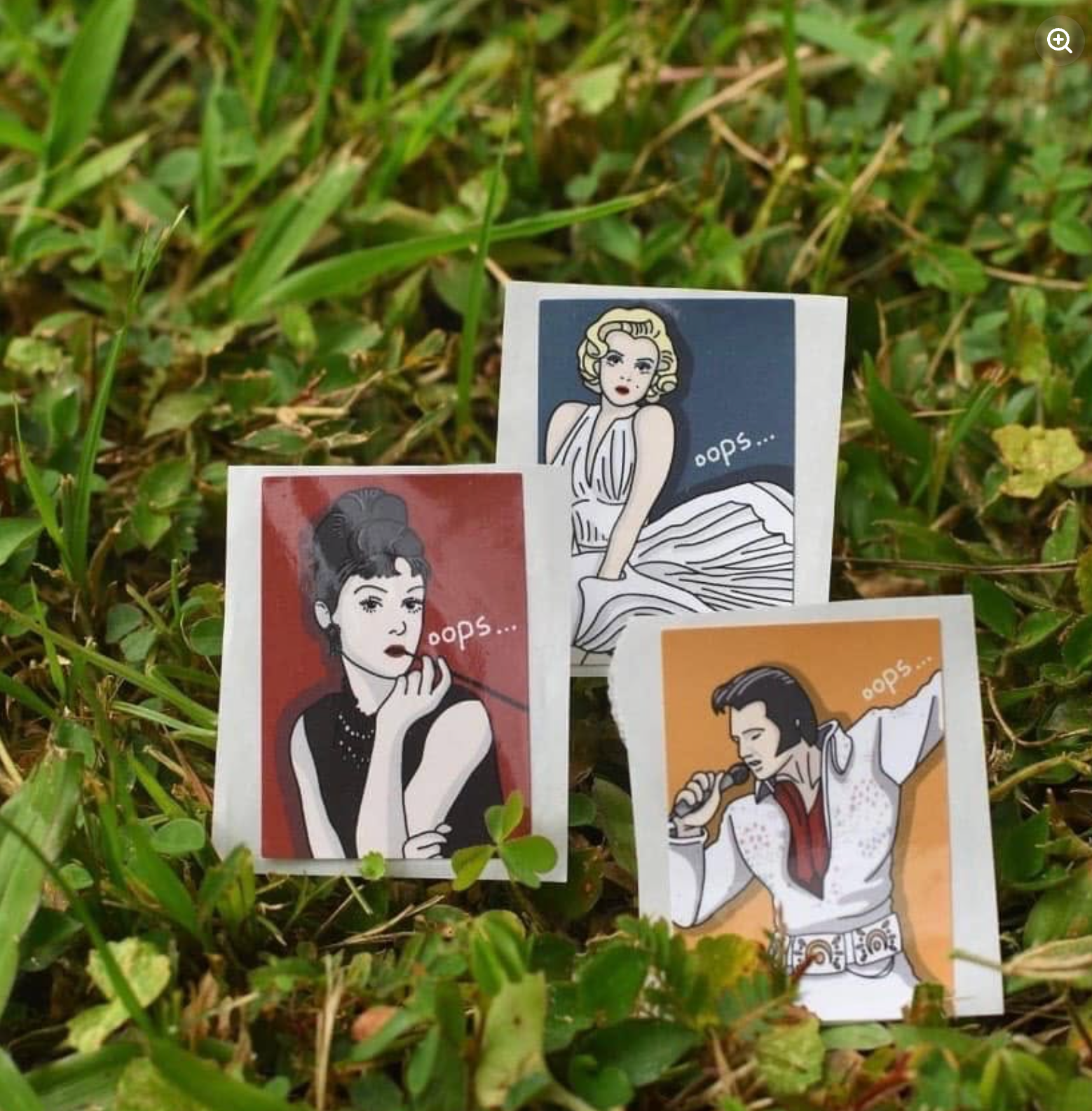 Three vintage-style illustrated cards featuring a blonde woman, brunette woman, and Elvis Presley surrounded by grass, each marked “oops…”