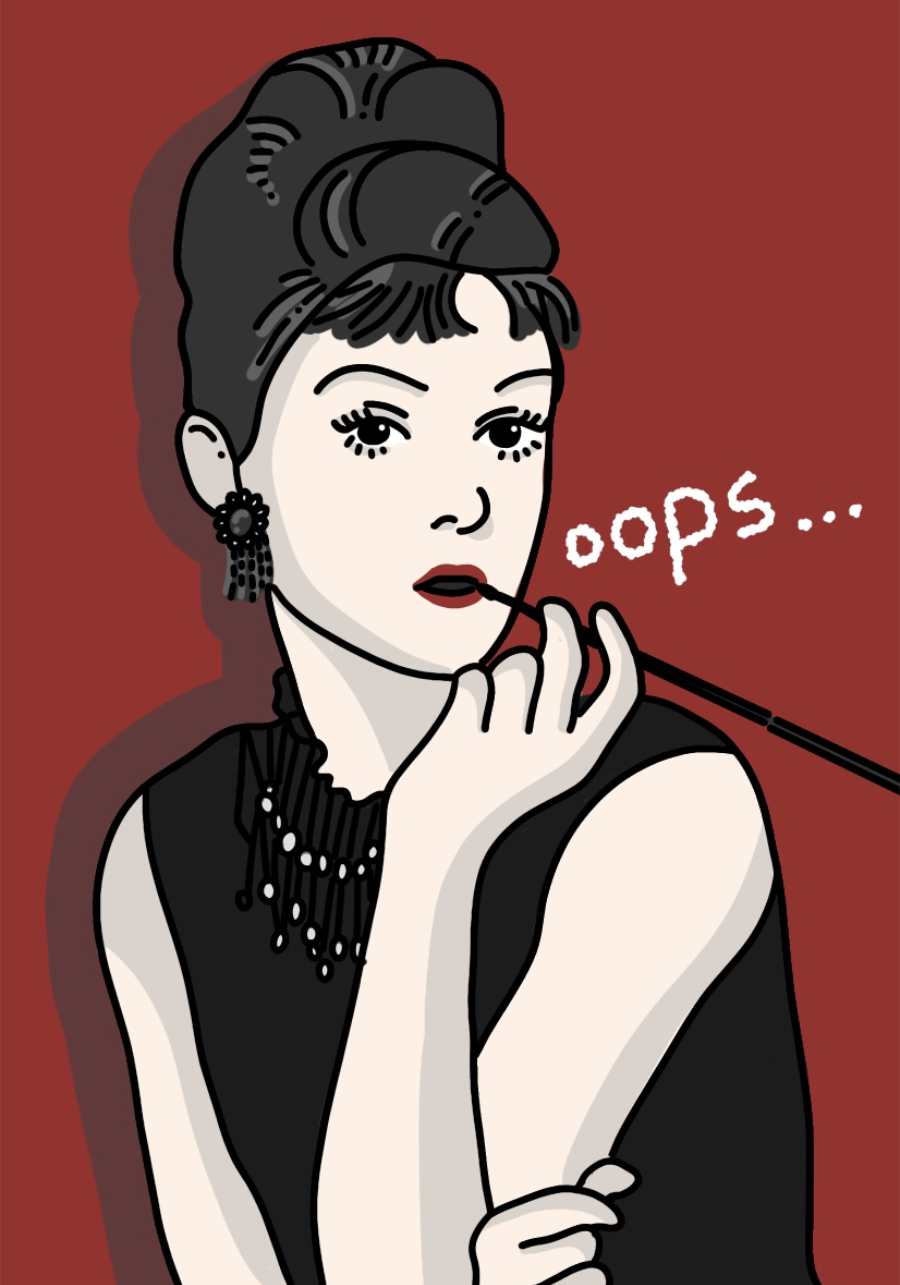 Illustration of a vintage-styled woman applying red lipstick with a lip brush, with “oops...” text beside her.