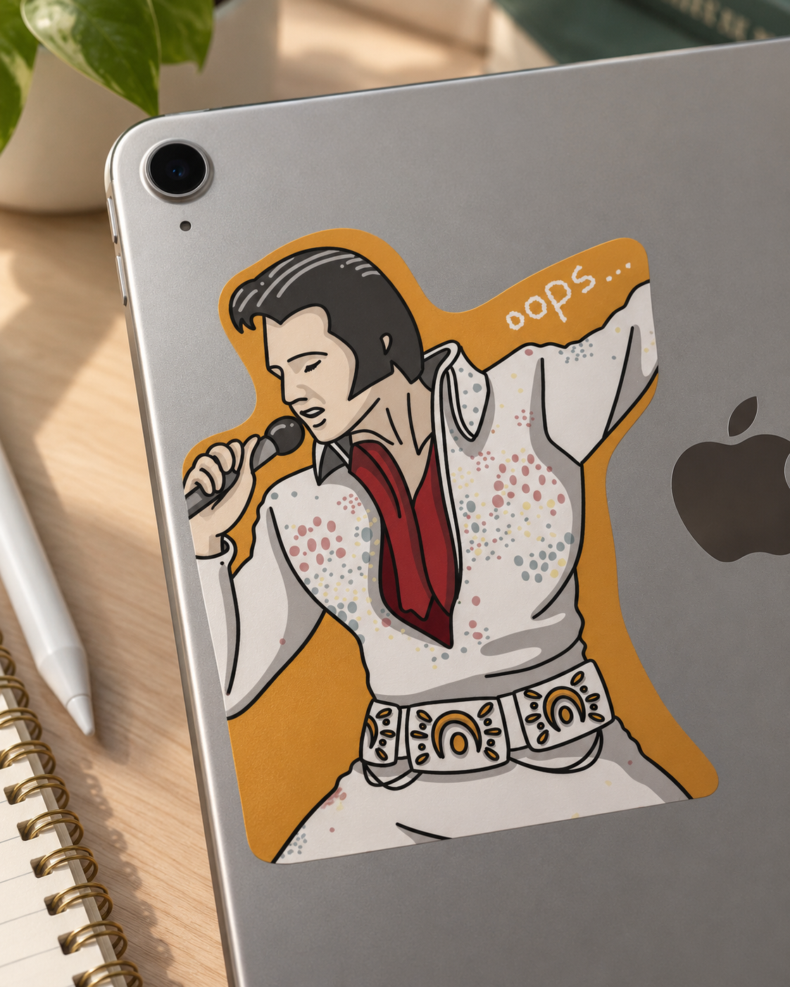 Silver Apple tablet featuring a colorful Elvis Presley sticker holding a microphone, with an orange background and “oops...” text