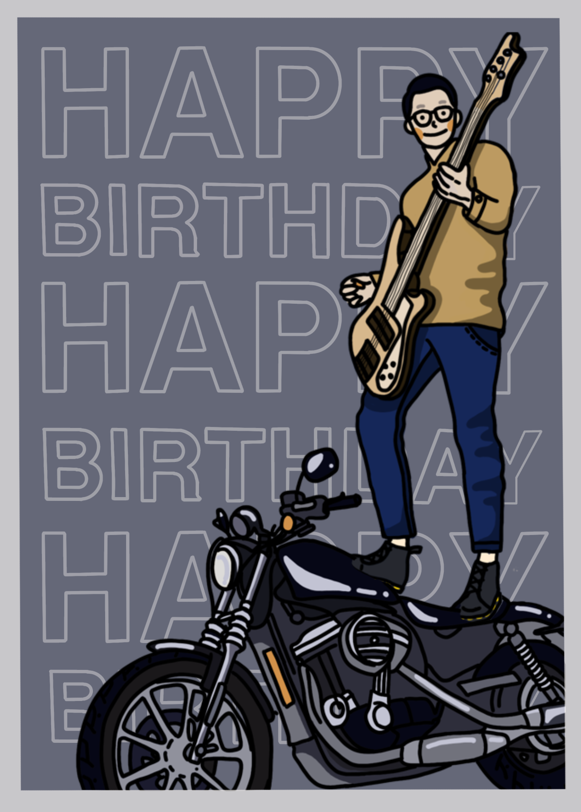 Cartoon man wearing glasses and holding a bass guitar while standing on a motorcycle, with repeated Happy Birthday text in the background