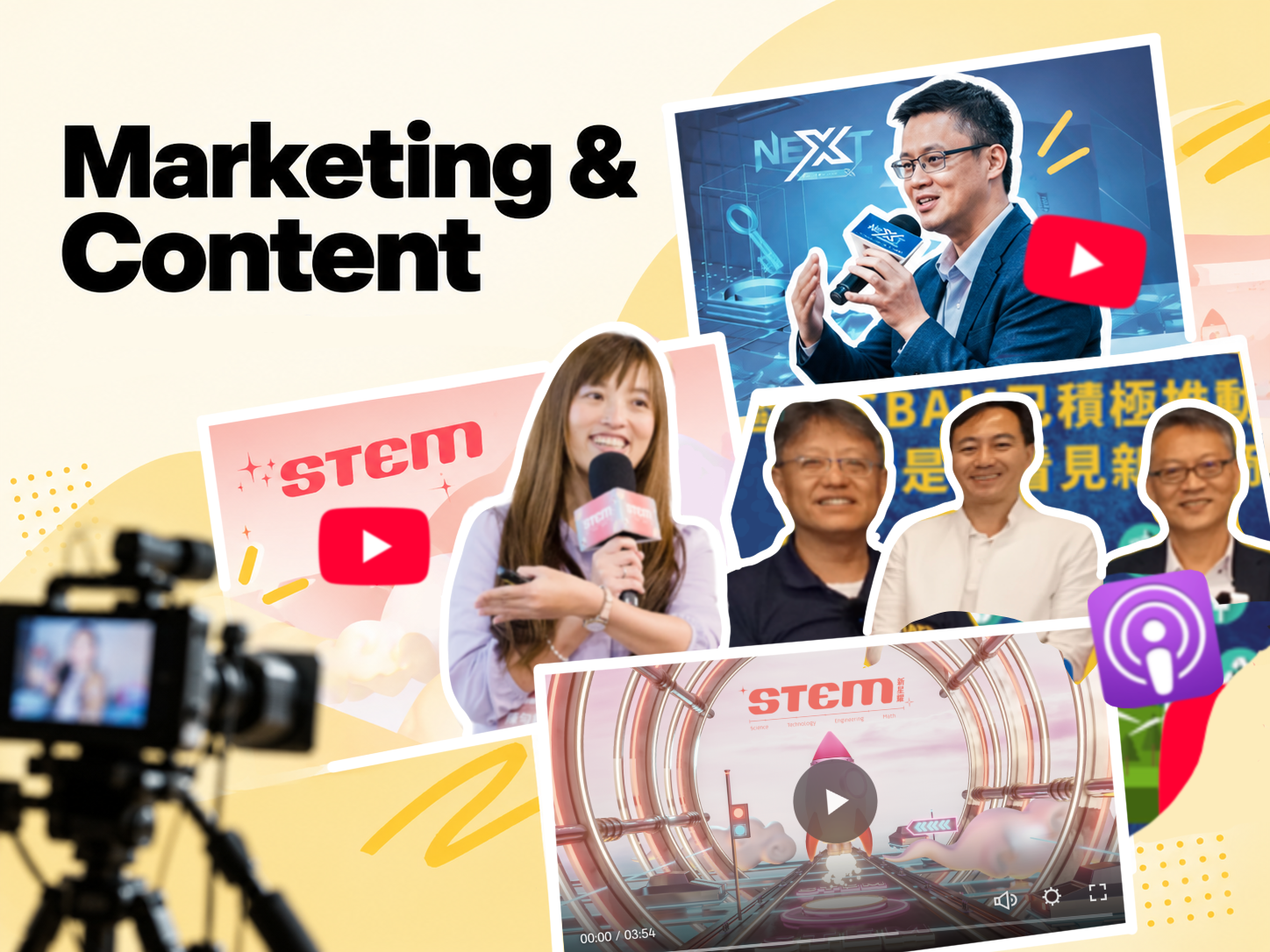 Marketing and content collage featuring video interviews, presenters with microphones, YouTube icons, a podcast symbol, and a camera.