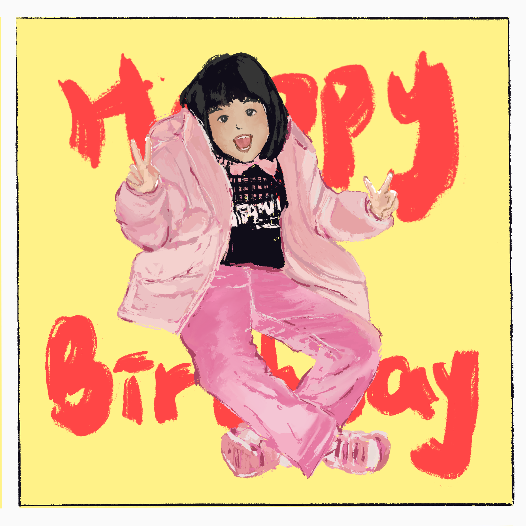 Stylized illustration of a smiling person with a black bob haircut, pink jacket and pants, making peace signs against a yellow background with red graffiti lettering.