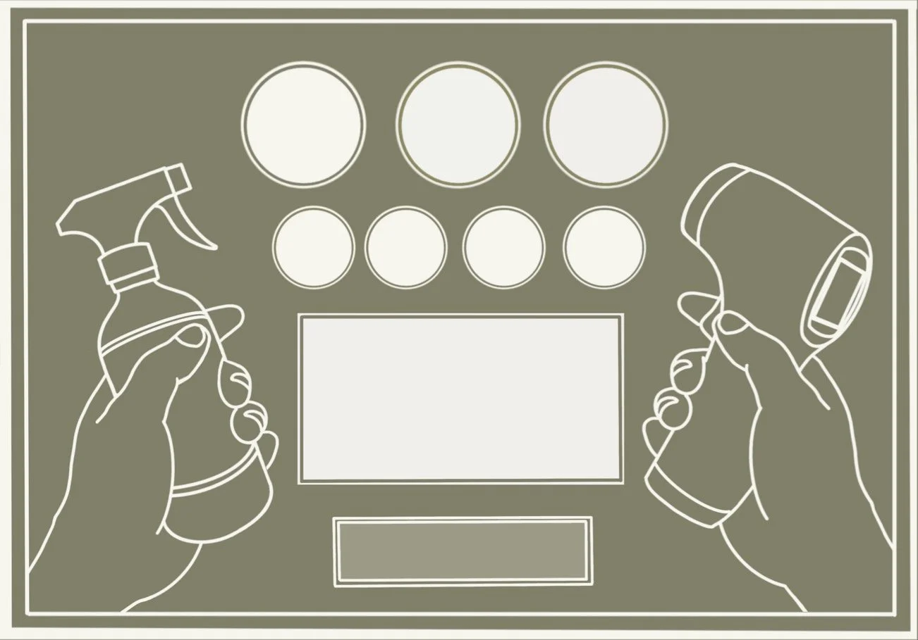Illustration of gloved hands holding spray bottles and cleaning supplies around blank labels and containers