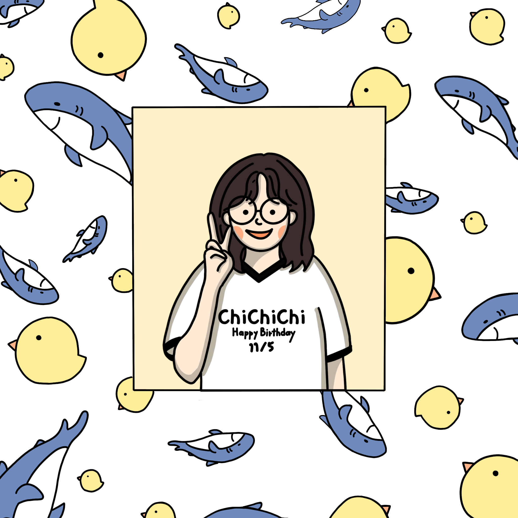 Cartoon girl wearing glasses and a ChichiChi Happy Birthday shirt, surrounded by smiling yellow chicks and blue sharks