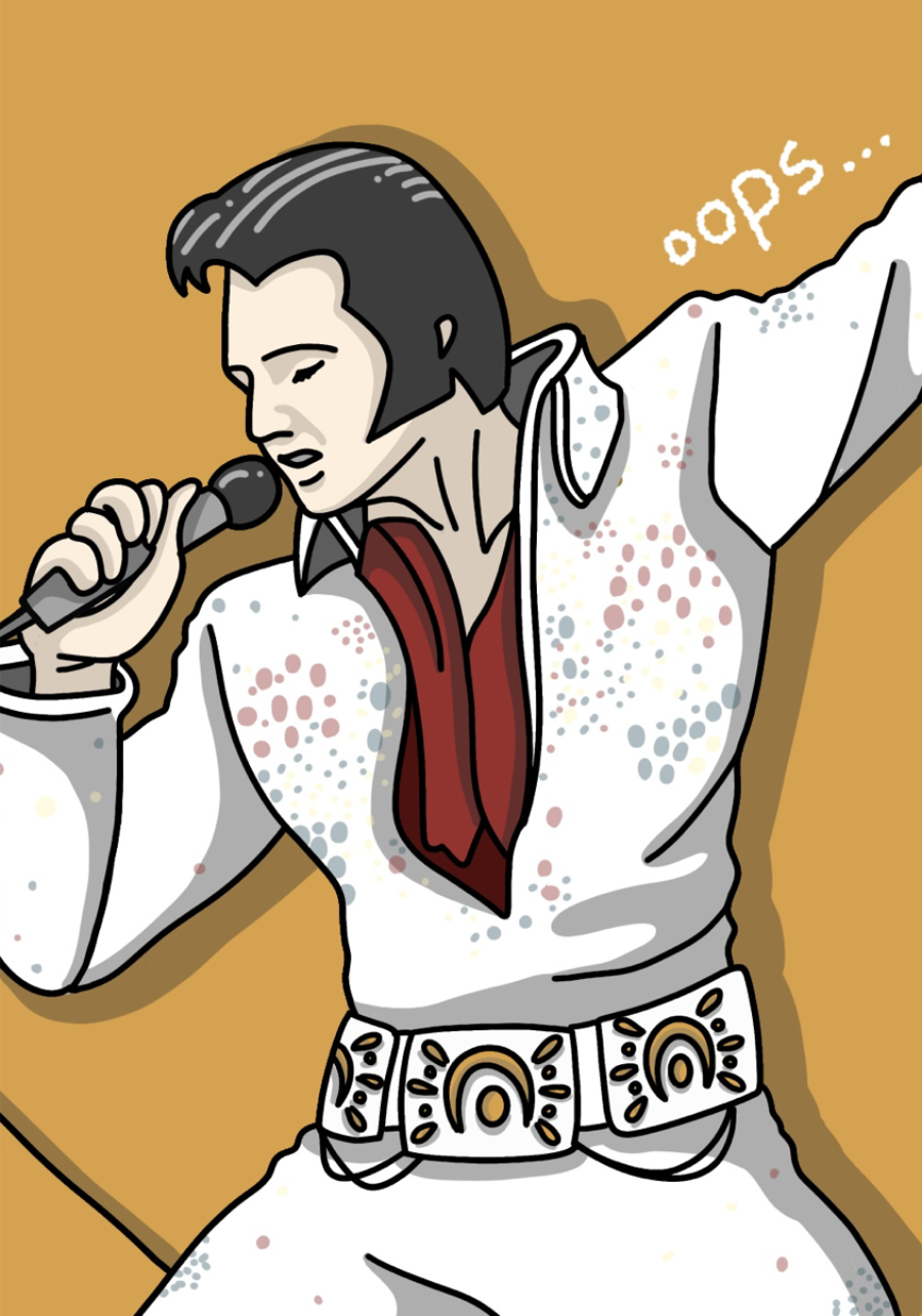 Illustration of Elvis Presley singing into a microphone in a white sequined jumpsuit and red scarf