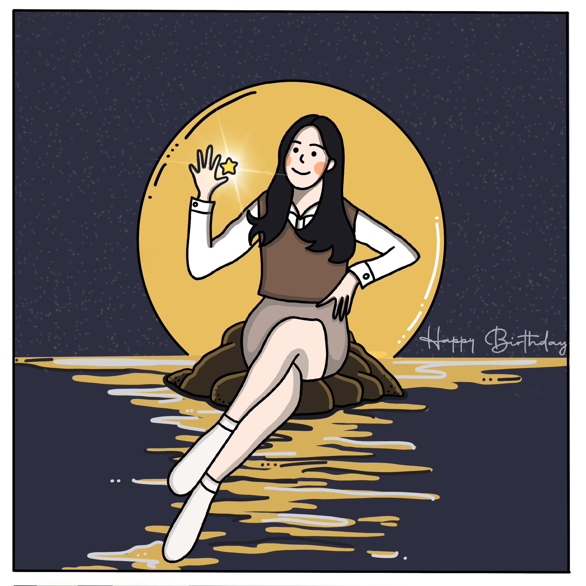 Illustration of a smiling woman sitting beneath a large golden moon, holding a glowing star, with a starry sky and “Happy Birthday” greeting