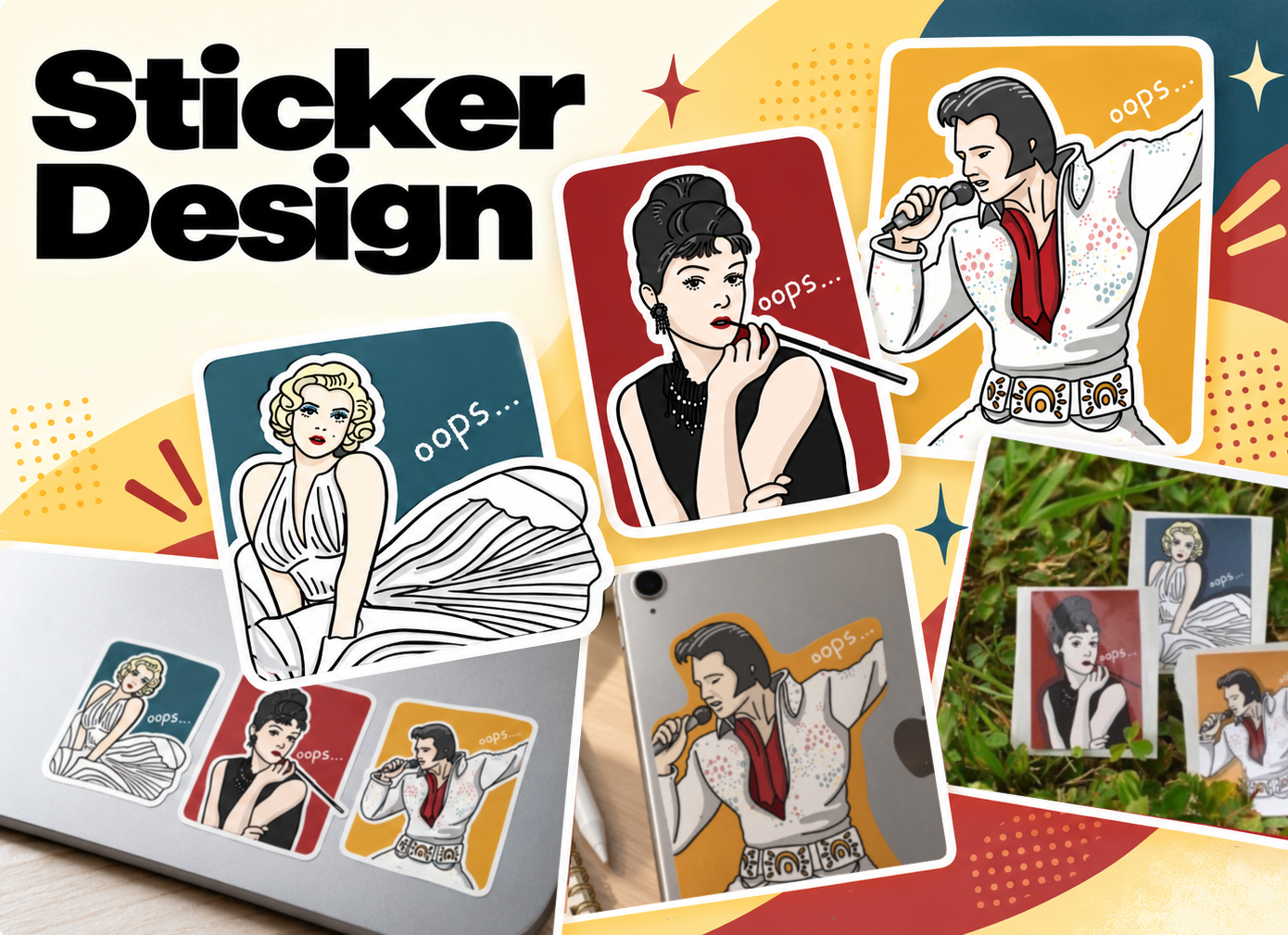 Retro pop-art sticker design featuring Marilyn Monroe, Audrey Hepburn, and Elvis Presley illustrations on laptops and outdoor cards