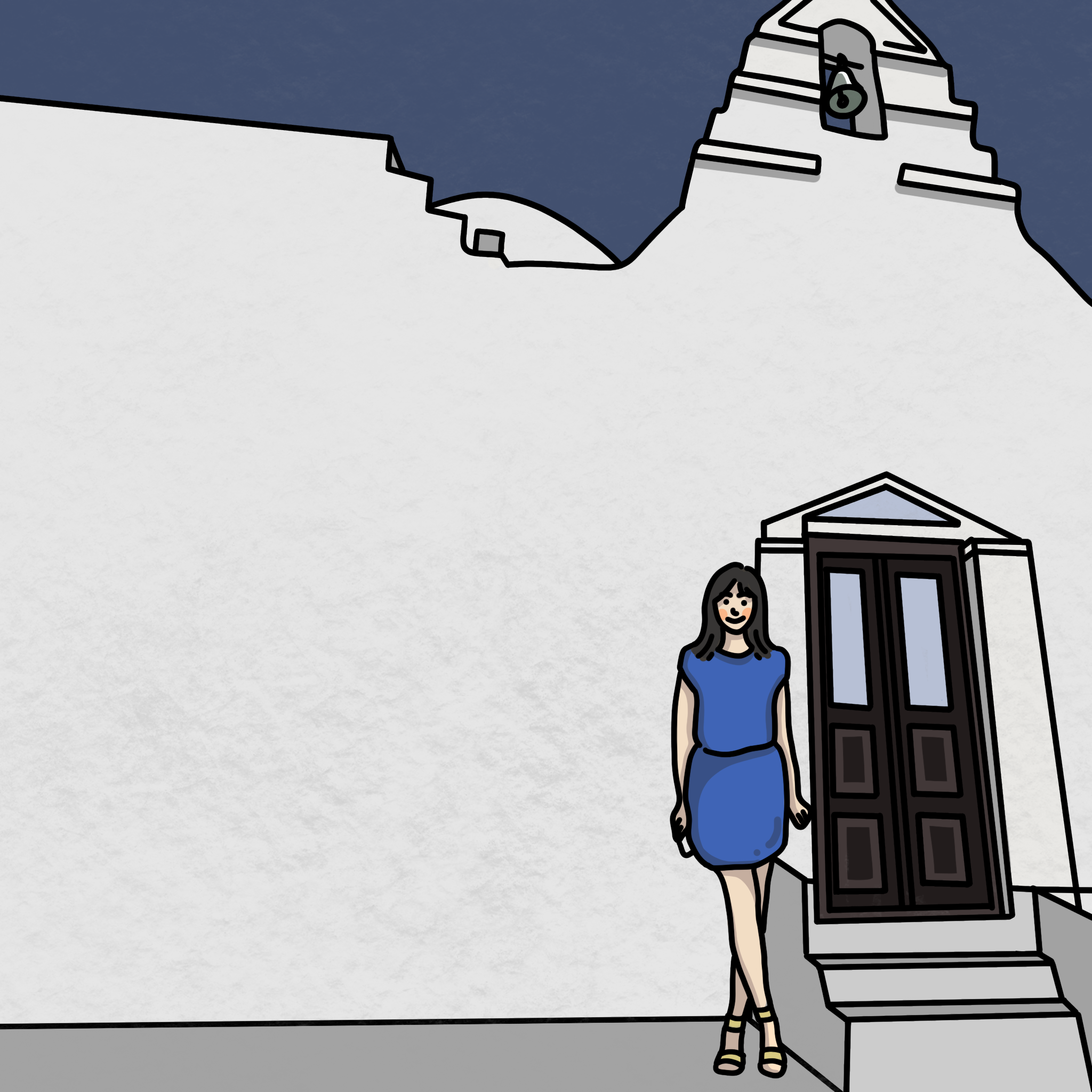 Illustration of a woman standing beside a large ornate dark wooden door beneath a white architectural facade.