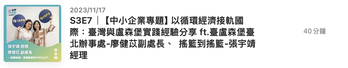Podcast episode listing dated November 17, 2023, featuring Taiwan and Luzerne Castle circular economy practices, with two women pictured on the cover.