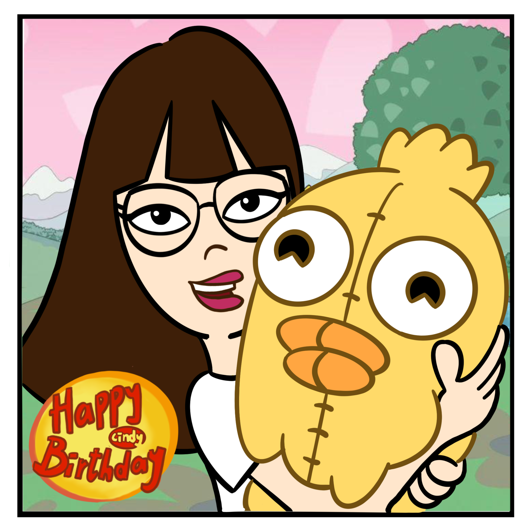 Cartoon woman with glasses hugging a wide-eyed yellow bird beside a happy birthday sign