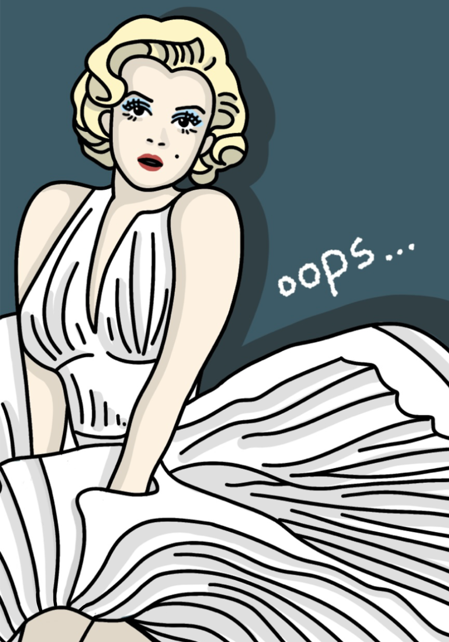 Illustration of a glamorous blonde woman in a white dress and gloves, with “oops...” text beside her