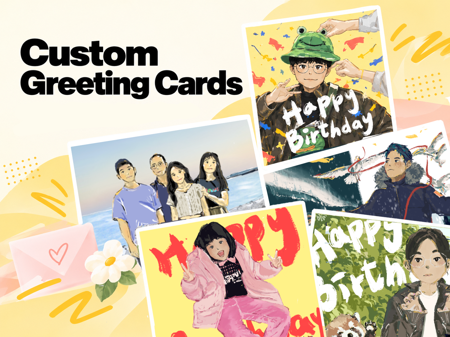 Custom greeting cards featuring colorful illustrated birthday portraits, friends, and personalized designs