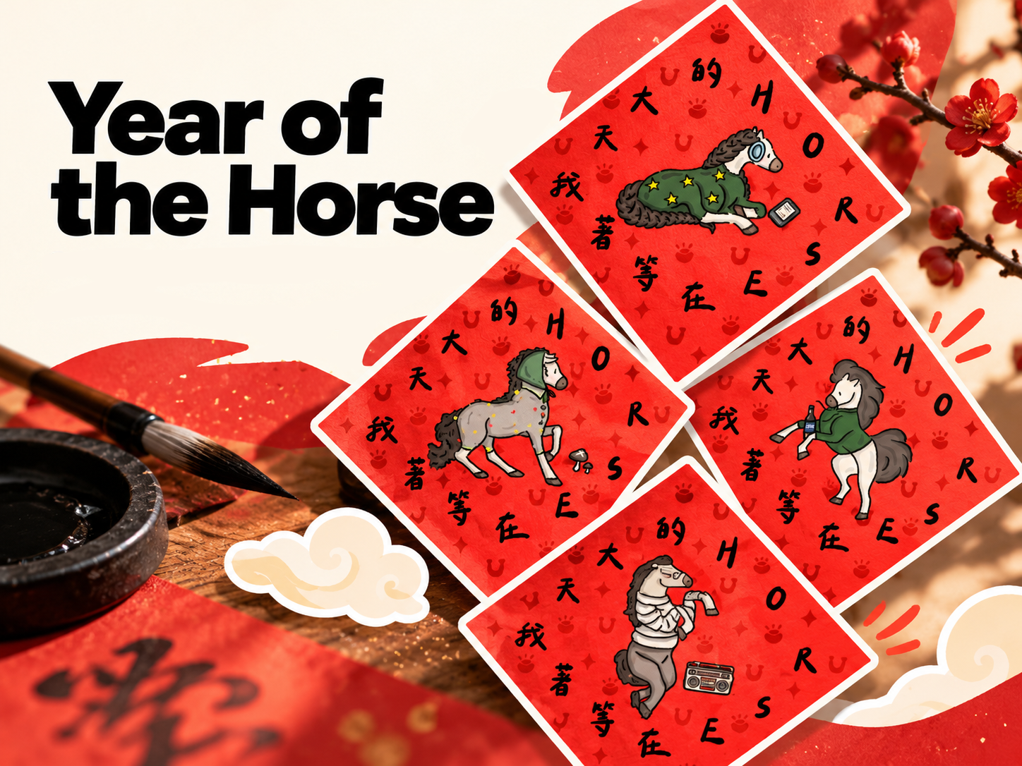 Chinese New Year Year of the Horse graphic with four illustrated horses on red decorations, calligraphy brush, ink, and plum blossoms