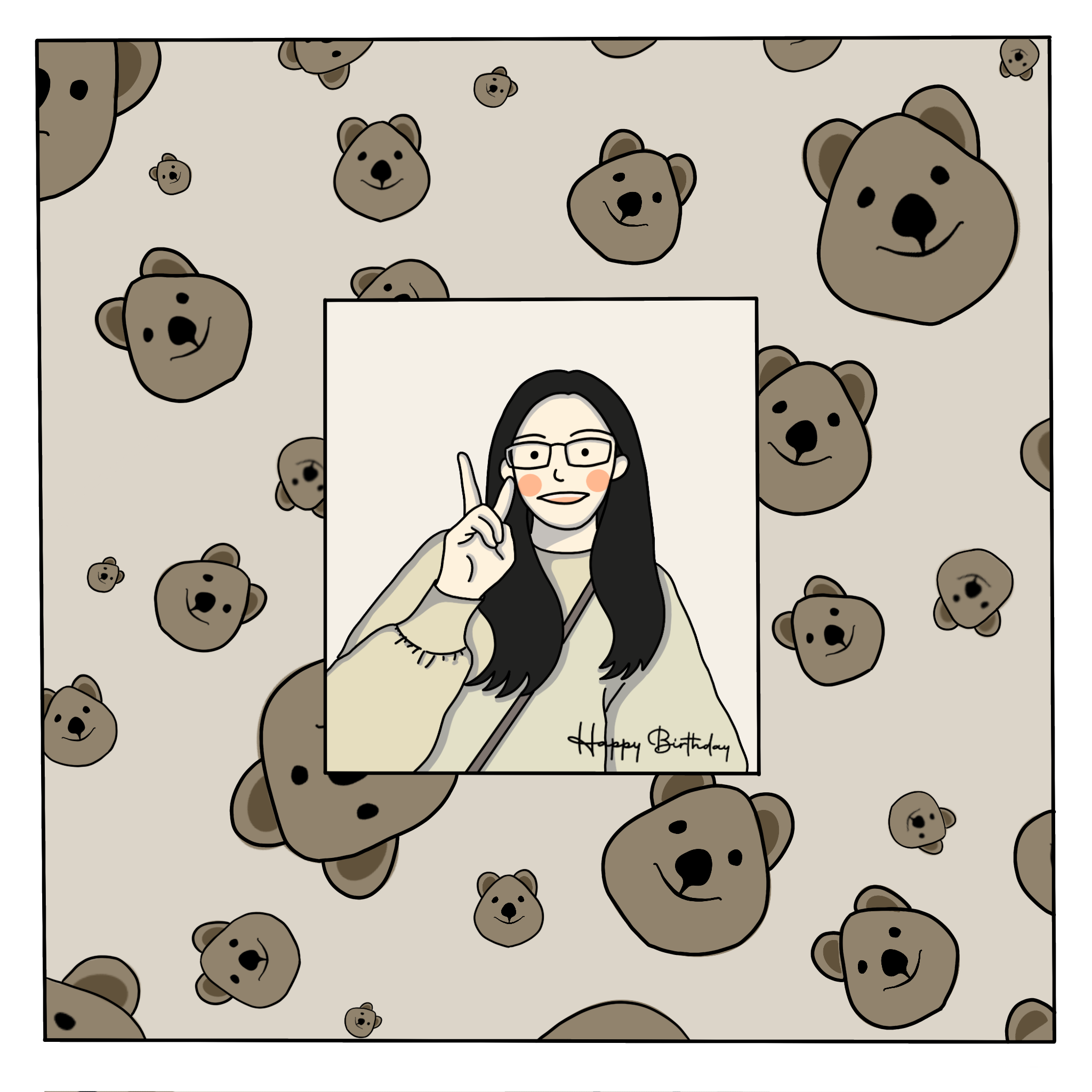 Illustrated birthday card featuring a woman with glasses making a peace sign, surrounded by repeating koala faces and a handwritten “Happy Birthday” message.