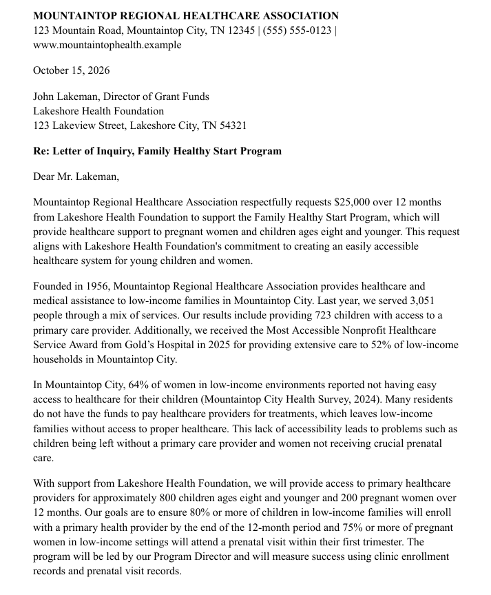 Preview of a sample letter of inquiry for a health nonprofit