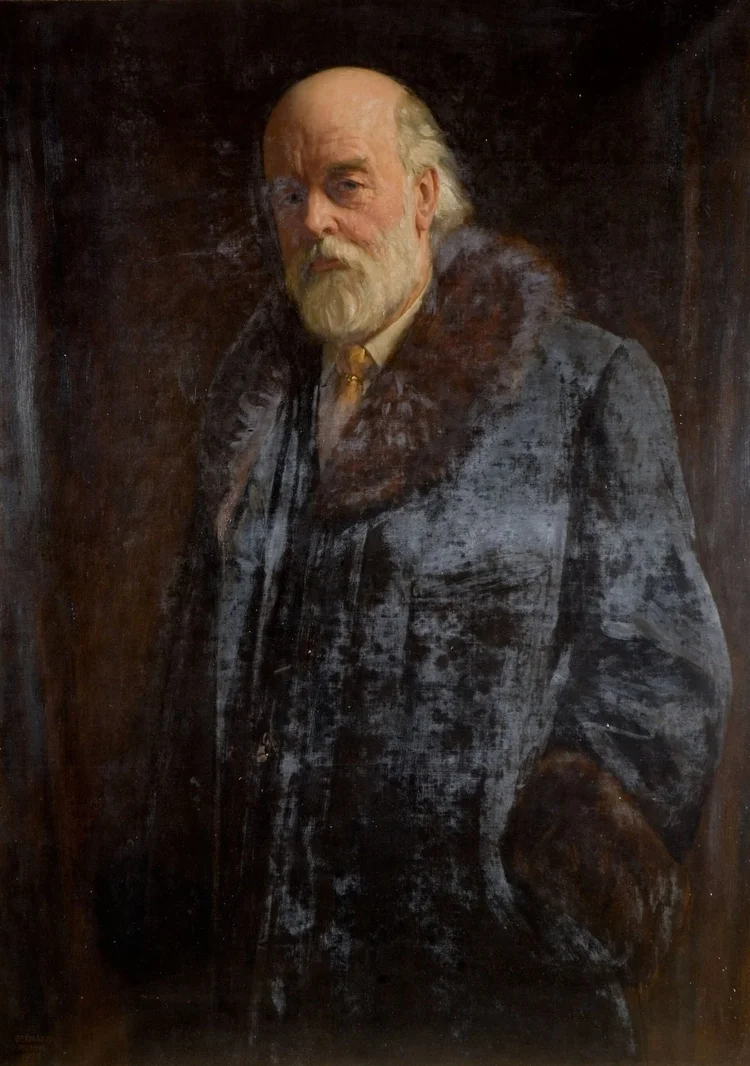 Painted portrait of the British physicist Sir Oliver Lodge in formal clothing.