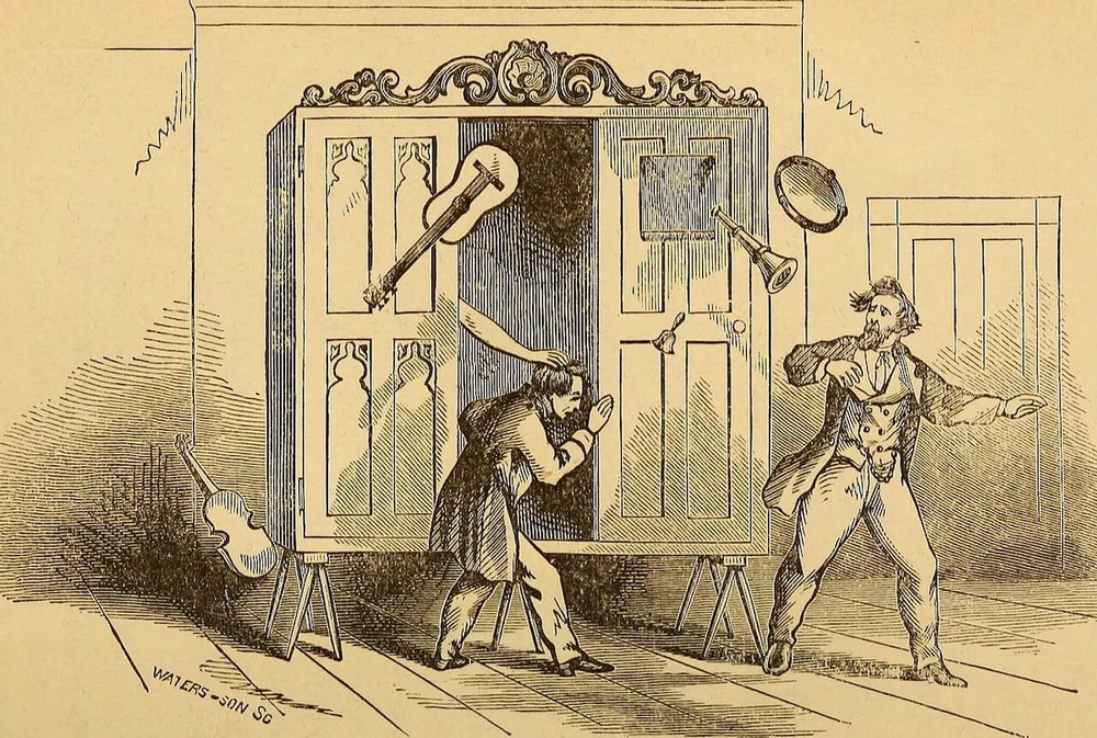 Nineteenth-century illustration of the Davenport brothers' spirit cabinet.
