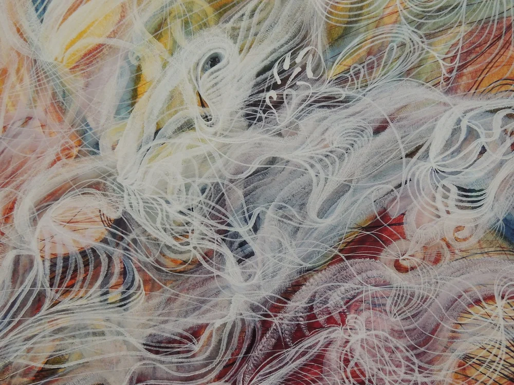 Historic abstract watercolour by Georgiana Houghton, with flowing, layered lines and colour.