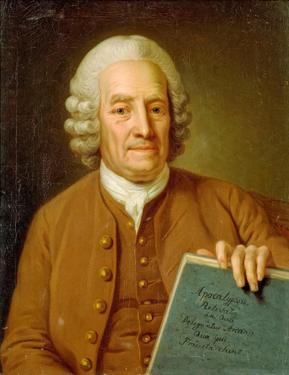 Eighteenth-century oil portrait of Emanuel Swedenborg holding a manuscript.