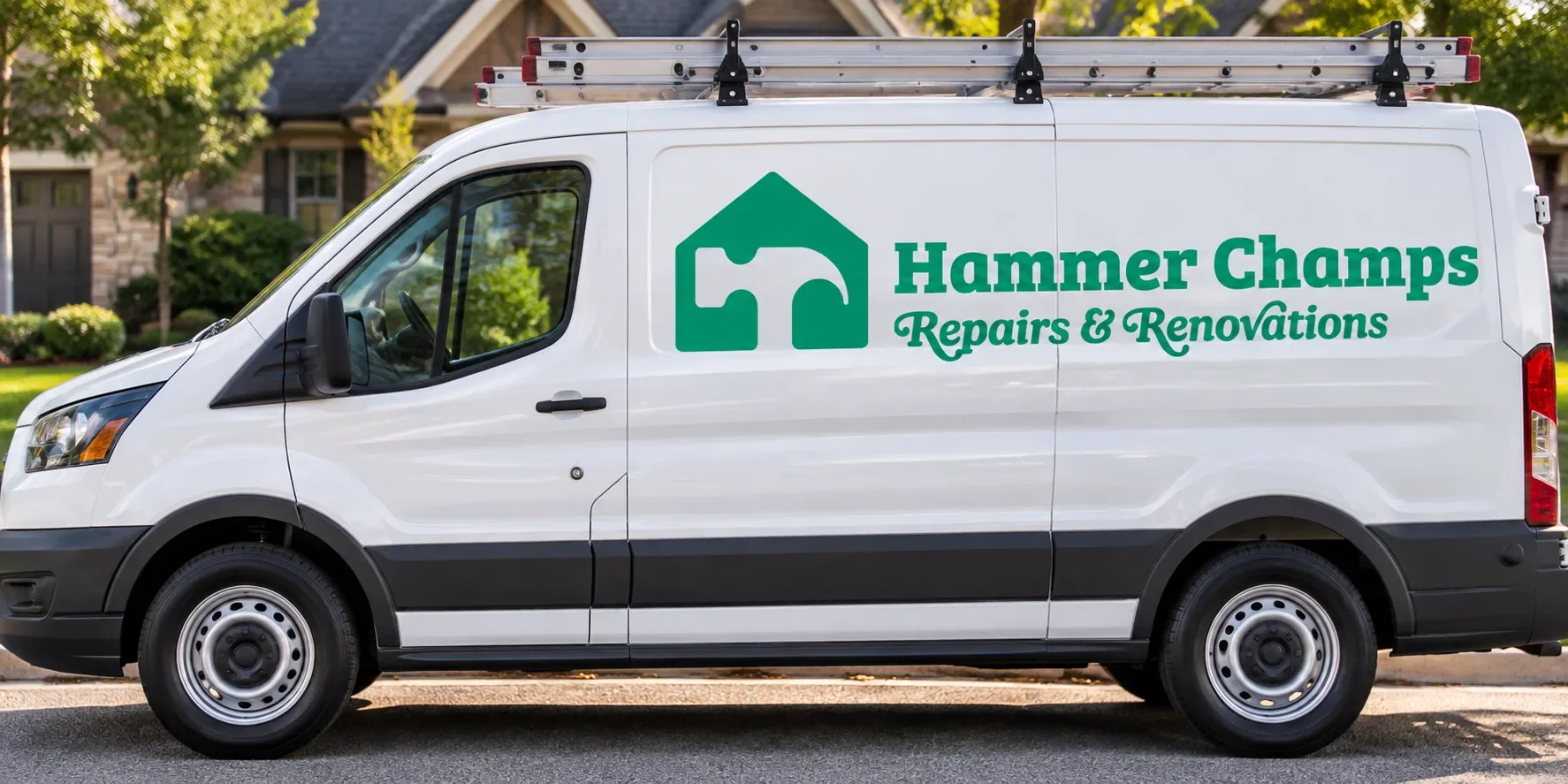 White Hammer Champs Repairs & Renovations contractor van with ladders parked in a residential neighborhood