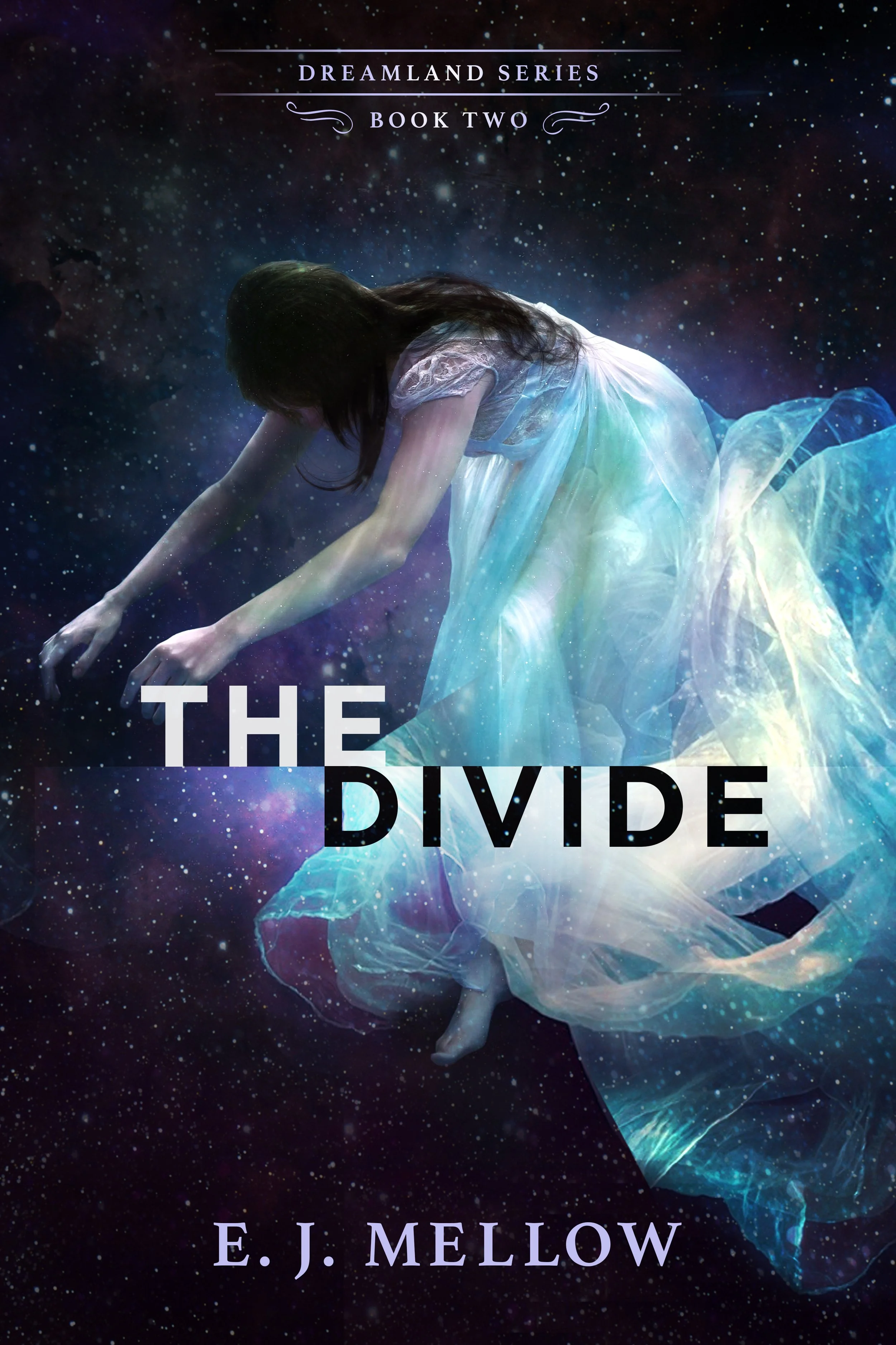 A woman with dark brown hair floats in a star like abyss. She is wearing a white nightgown.