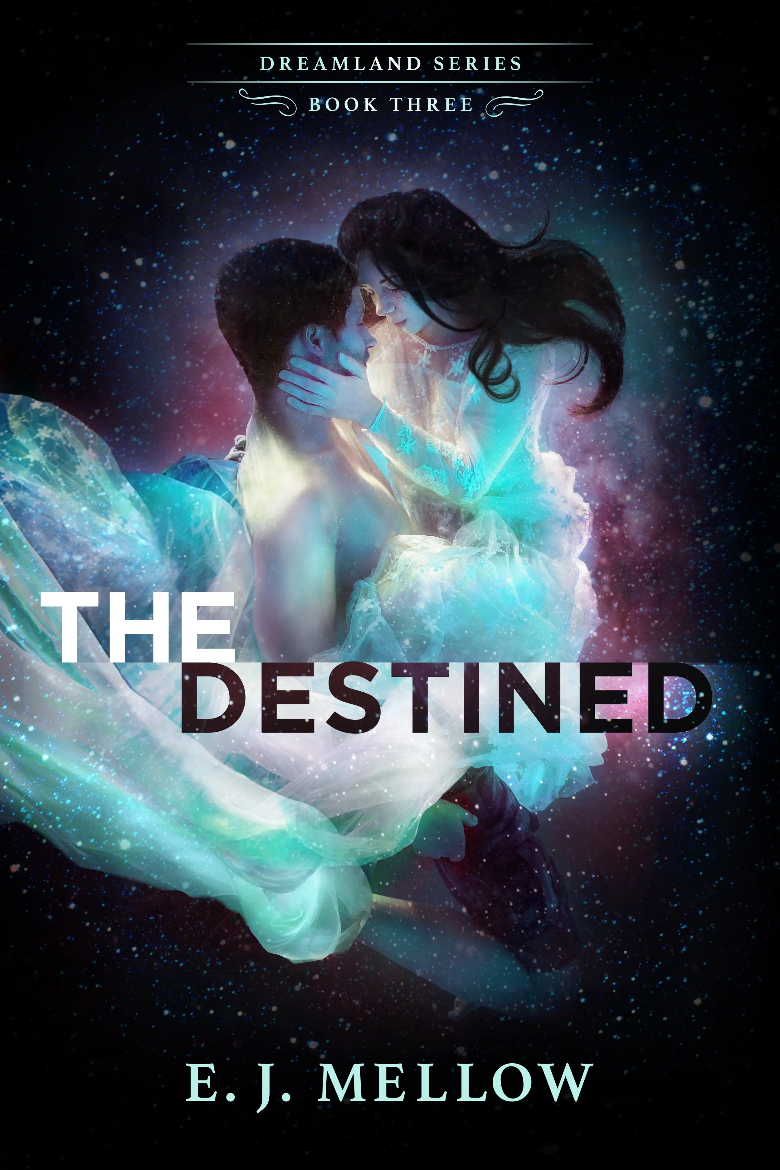 A man holds a woman in a white nightgown as they float in a dark star abyss