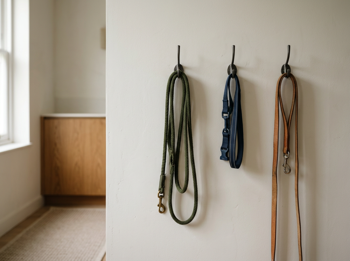 Three hooks on a off-white wall with dog leashes and a collar hanging from them, in a room with natural light.