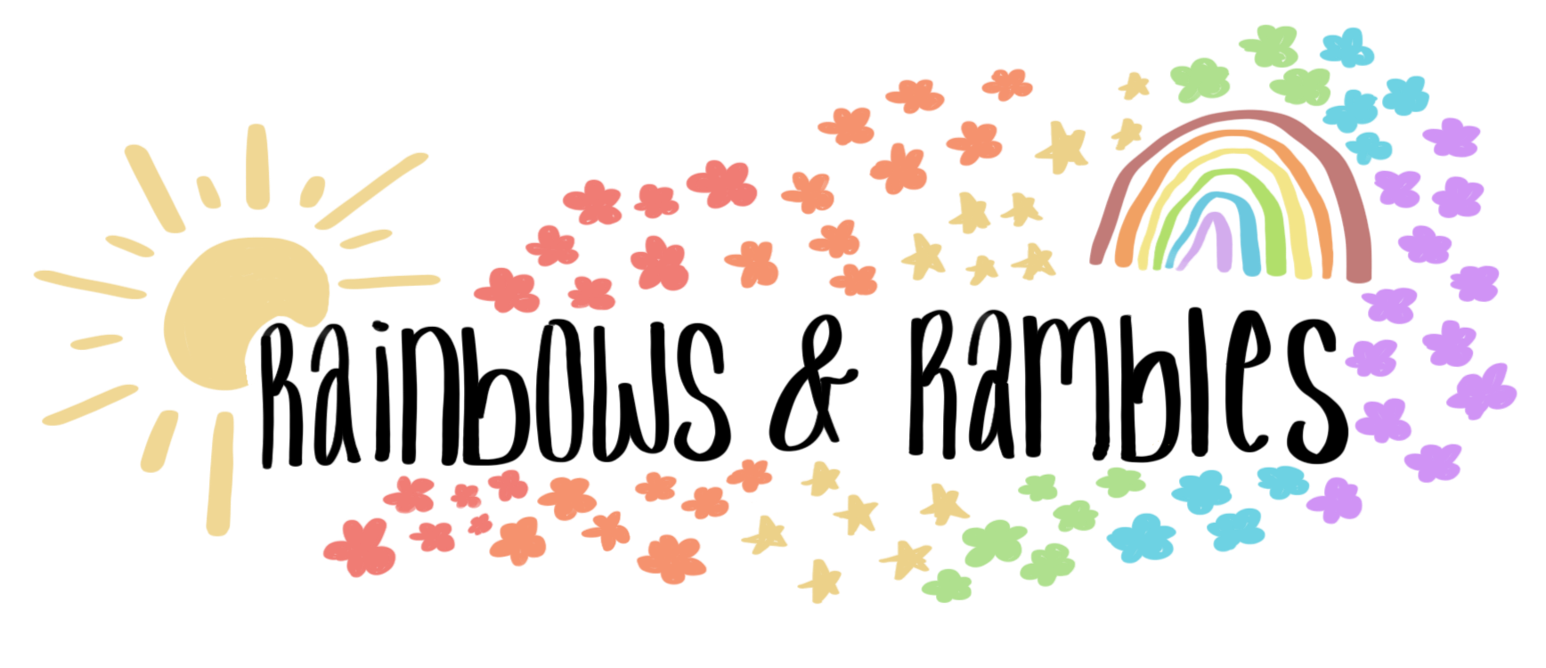 Colorful, hand-drawn style rainbow with clouds at both ends, surrounded by star and flower shapes in pastel colors.