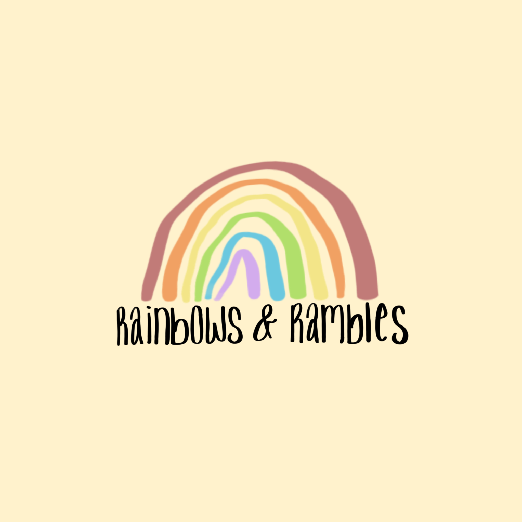 Colorful rainbow arches on a light beige background with the text "rainbows & rambles" written in black below