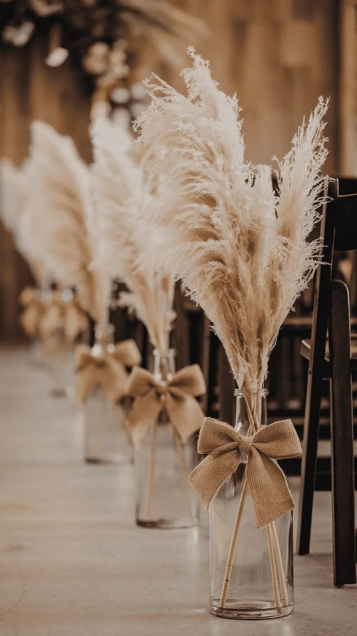 Vases filled with pampas grass decorated with burlap bows, arranged in a row indoors.