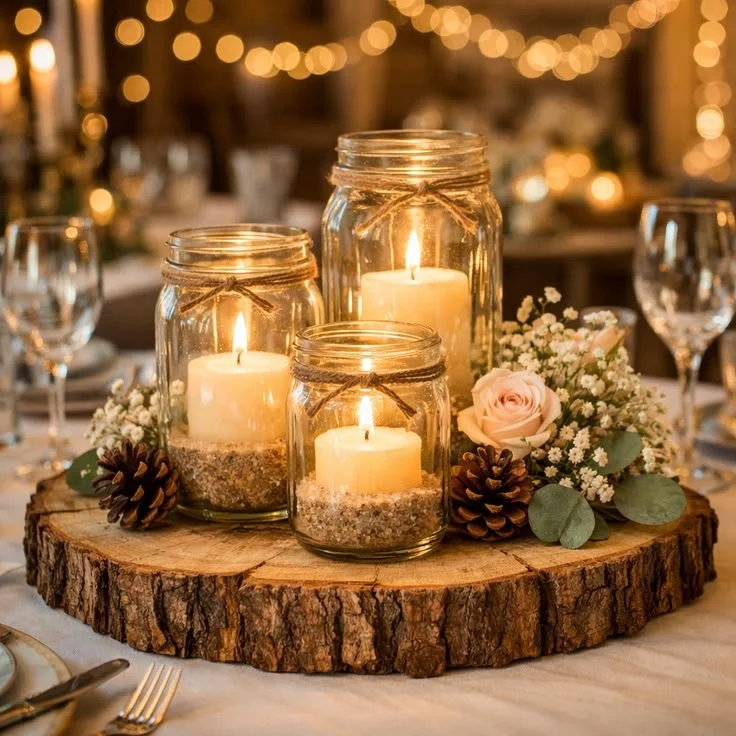 Decorative centerpiece with three lit candles in glass jars on a wooden slab, surrounded by pinecones, a pink rose, and white flowers, with warm blurred string lights in the background.