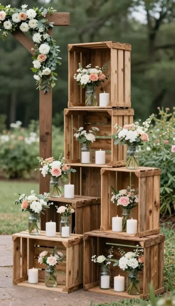 Wooden crates arranged in a stepped pyramid shape outdoors, each holding glass jars with floral arrangements and white candles.