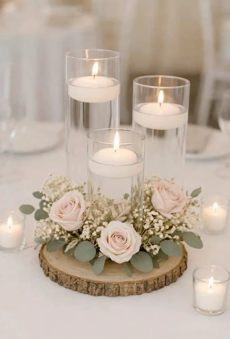 Three tall glass candle holders with white floating candles, surrounded by pink roses, baby's breath, and eucalyptus on a wooden log base, with small votive candles around.