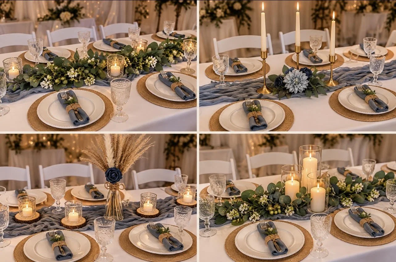 Elegant dining table set for a special occasion with a blue and white color theme, featuring a centerpiece with candles, greenery, and floral arrangements, along with neatly folded blue napkins secured with twine, and illuminated candles in various holders creating a warm ambiance.