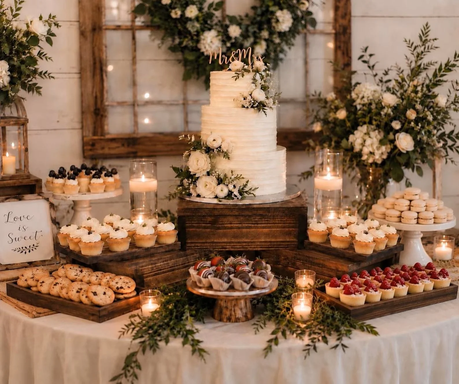 A wedding dessert table decorated with a white ice cream cake with floral accents and a "Mrs & Mr" topper, surrounded by various cookies, cupcakes, and chocolates. The table features candles, greenery, and floral arrangements, with a rustic wooden backdrop and a white sign that reads "Love is sweet."