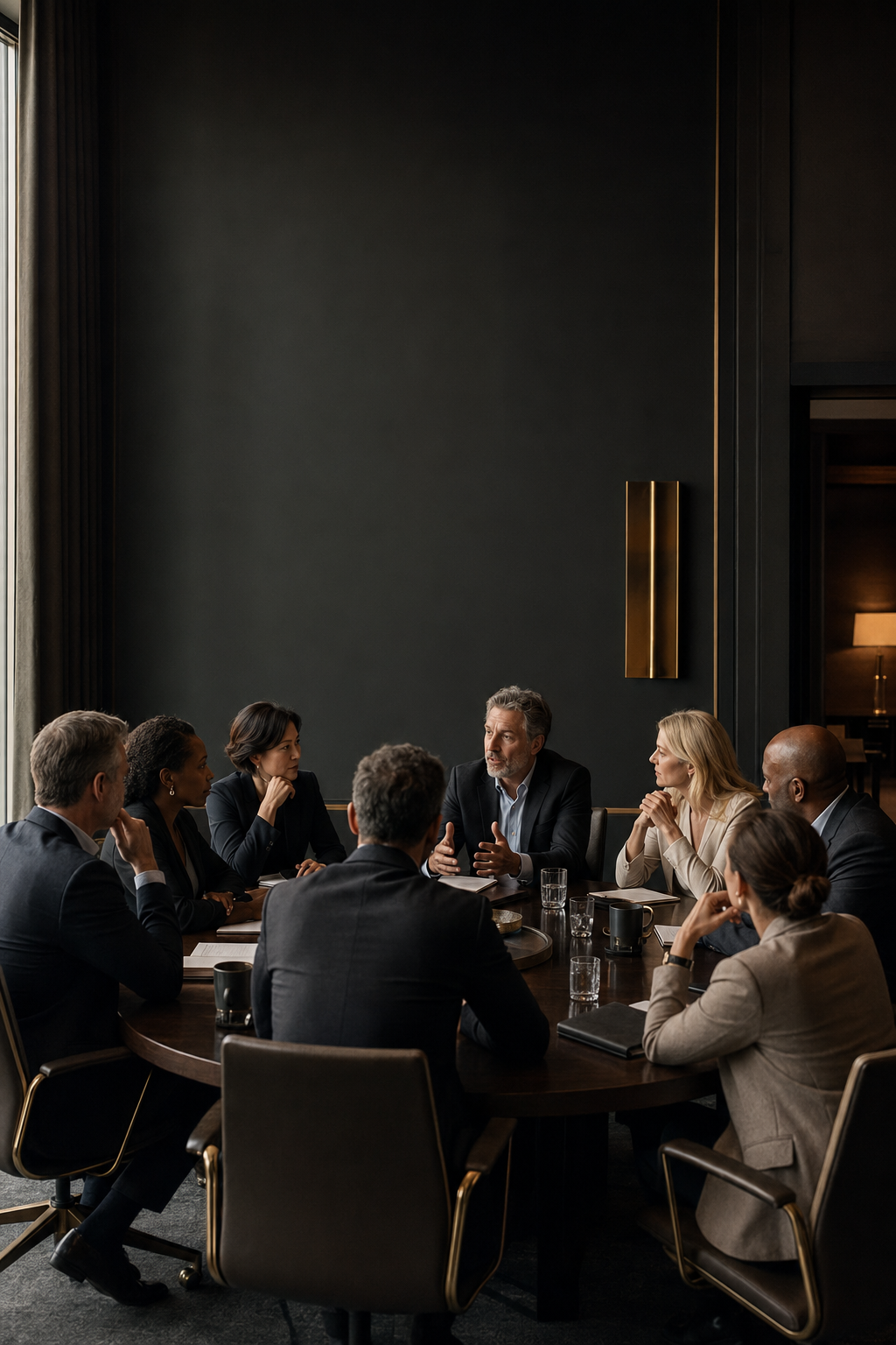 Leaders sharing perspectives around a round table in a warmly lit meeting room.