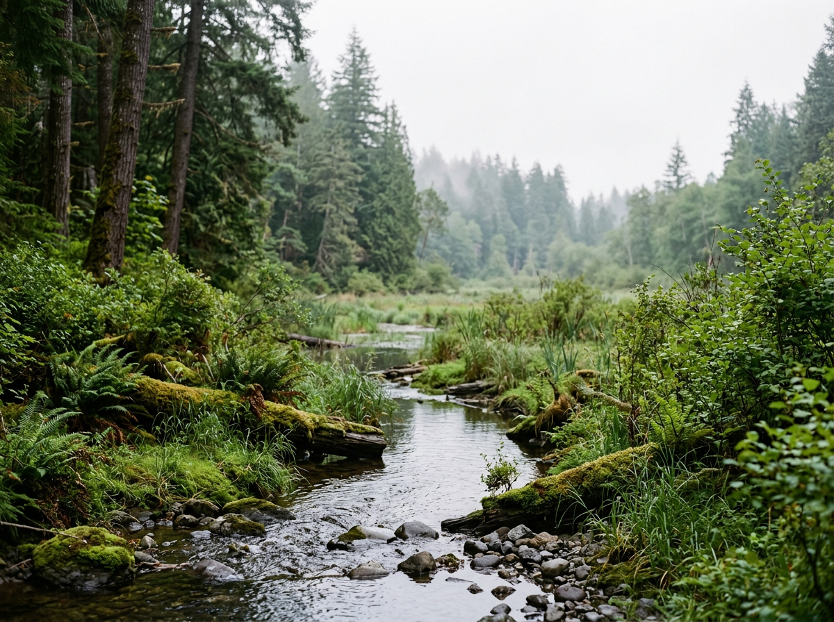 A serene forest scene with a small stream flowing through lush green moss and plants, surrounded by tall trees on a misty day.