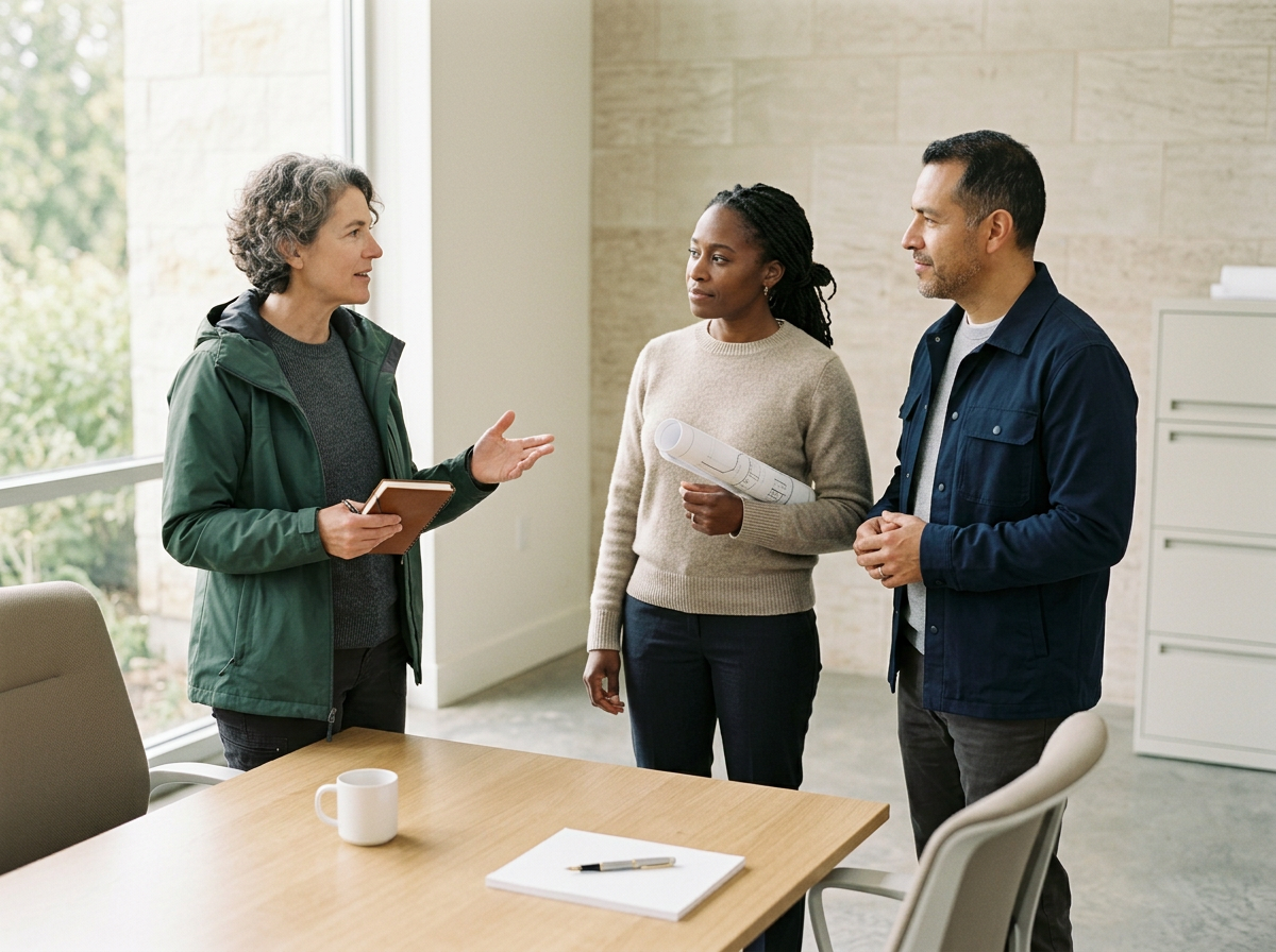 Three people having a discussion in a bright office room with large windows. One woman in a green jacket is talking, holding a notepad; a woman in a beige sweater and a man in a navy jacket are listening, the woman holding rolled-up papers.