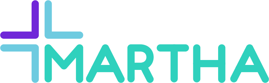 Logo with a blue cross and the name 'Martha' in turquoise letters.