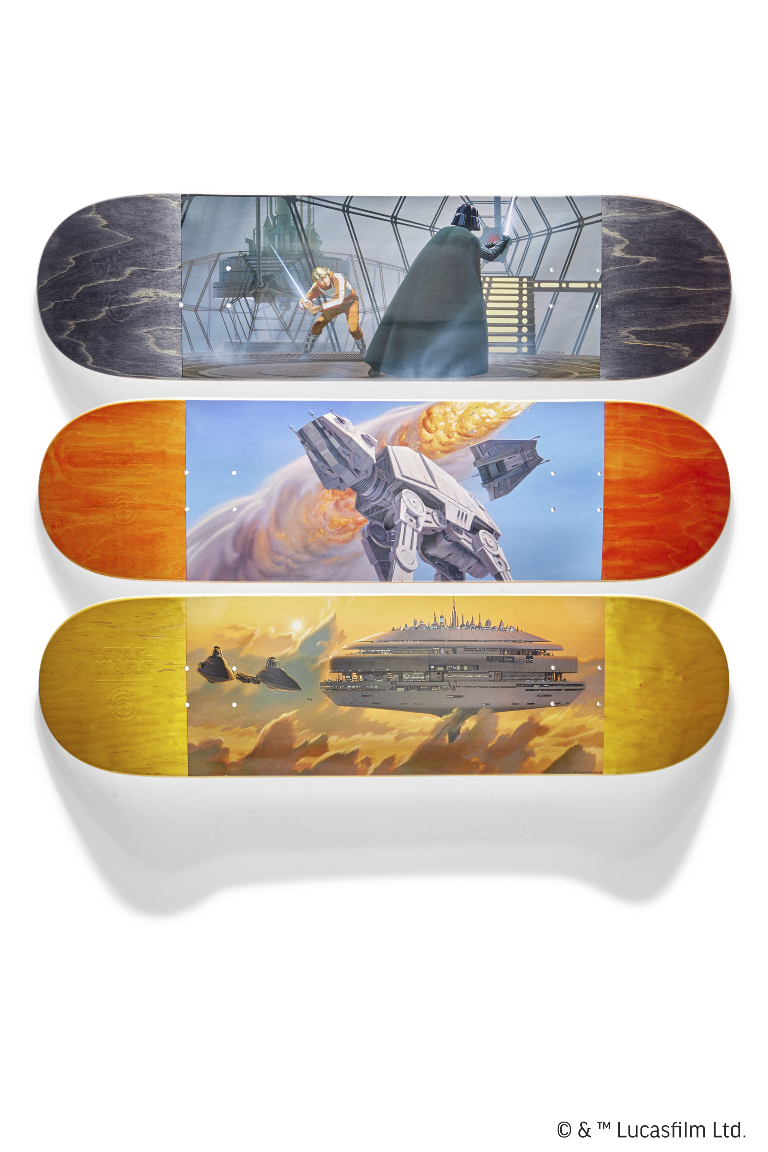 Top skateboard deck features a scene from Star Wars with characters engaged in lightsaber combat inside a futuristic setting. Bottom skateboard deck depicts a space battle scene with a large spaceship firing a missile and smaller spacecraft near a pl