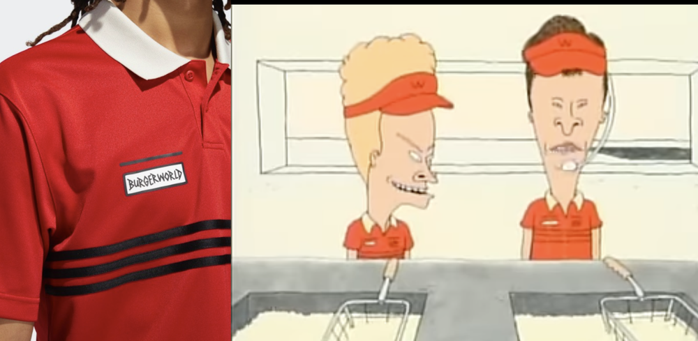 Close-up of a burger restaurant employee in a red uniform with black stripes and a name tag, on the left side of the image; cartoon characters in red uniforms with orange visors working at a fast-food restaurant in a cartoon style on the right side o