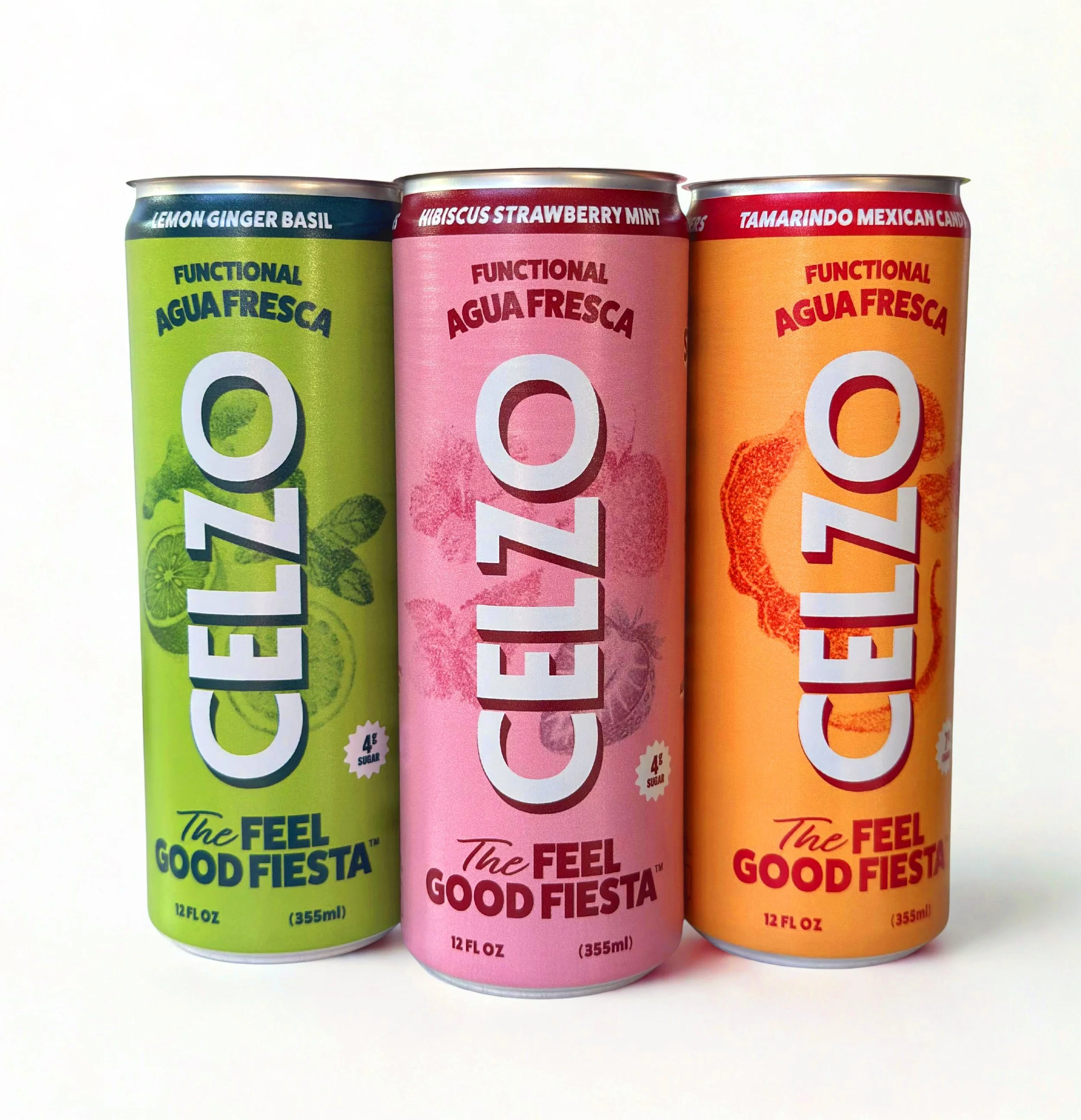 Three cans of flavored sparkling water arranged side by side, with lemon ginger basil, hibiscus strawberry mint, and tamarindo Mexican candies flavors.