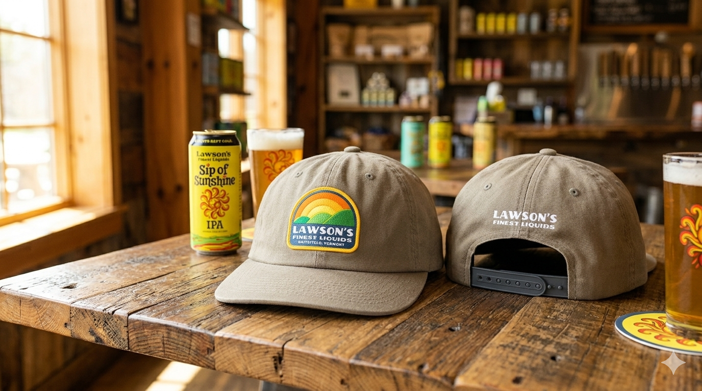 Two khaki baseball caps with Lawson's logo and slogan placed on a rustic wooden bar, alongside cans of Lawson's beer and glasses of beer in a cozy wooden interior.